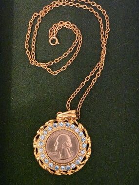 Vintage Coin Pendant NecklaceWith Blue Crystals